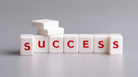 This image features blocks arranged to spell "SUCCESS," symbolizing achievement and motivation, perfect for themes of growth, education, and business.の素材