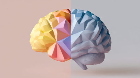 This striking illustration features a geometric brain, half in vibrant yellow and half in calming blue, symbolizing the balance between creativity and logic.の素材
