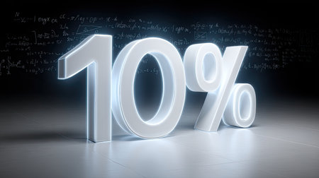 This modern 3D rendering features a glowing percentage sign against a dark backdrop filled with mathematical equations, highlighting ideas around finance and percentages.の素材