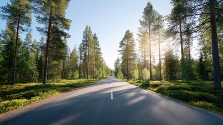 A scenic view of a calm road winding through a vibrant forest, inviting travelers to explore nature, bask in sunlight, and embrace tranquility.の素材