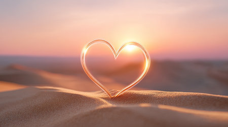 A heart shape crafted from warm light appears in a tranquil desert landscape at sunset, surrounded by soft sand and beautiful color gradients in the sky.の素材