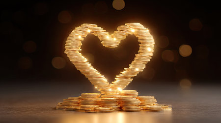 A captivating display of stacked coins shaped into a heart, radiating warmth with a soft glow, perfect for themes of love, finance, and prosperity.の素材