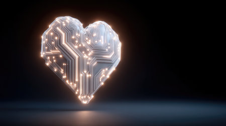 This image presents a glowing heart shape made from intricate digital circuit patterns, symbolizing the fusion of technology and emotion in a modern world.の素材