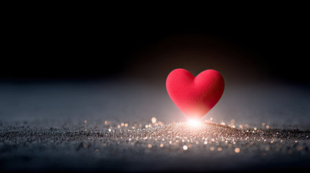 A vibrant red heart figure sits on a dark surface, illuminated by gentle light and sparkles, evoking feelings of love, warmth, and romance.の素材
