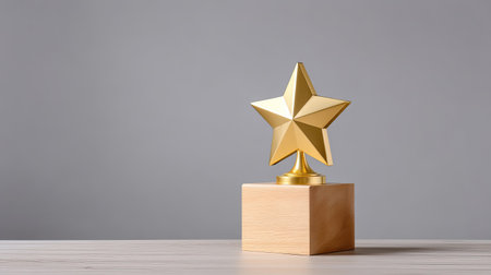 This image features a shiny golden star trophy placed on a simple wooden base, symbolizing achievement and success. Ideal for award-related themes.の素材