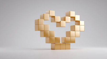 A beautiful arrangement of golden cube blocks forming a heart shape, ideal for themes of love, creativity, and minimalistic design in various projects.の素材