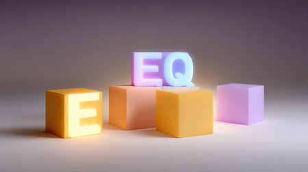 A modern and artistic arrangement of colorful geometric shapes featuring illuminated letters that symbolize equality. This design radiates vibrancy and creativity, perfect for educational or motivational themes.の素材