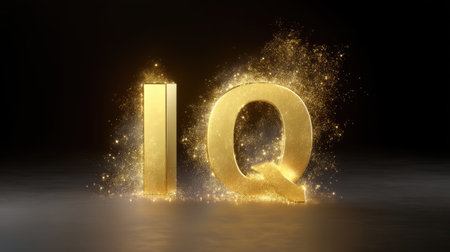 Golden letters "IQ" symbolize intelligence and creativity, enhanced by sparkling particles on a dark background, conveying a message of success and achievement.の素材