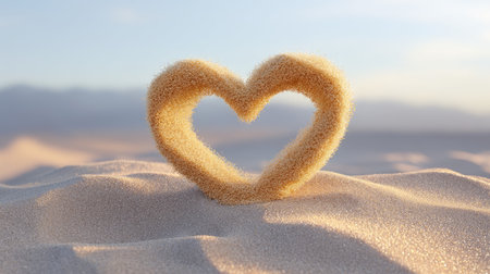 A heart shape formed from soft sand rests on the beach, illuminated by the warm glow of the sunset, creating a serene and romantic atmosphere perfect for nature and love themes.の素材