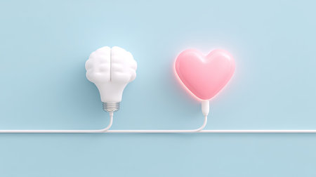 This image represents the connection between intellect and emotion, featuring a light bulb shaped like a brain and a glowing heart. Ideal for creative projects.の素材