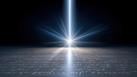 A striking image featuring a vivid beam of light emerging from a dark space, illuminating a patterned surface filled with mathematical symbols, creating an ethereal and futuristic atmosphere.の素材