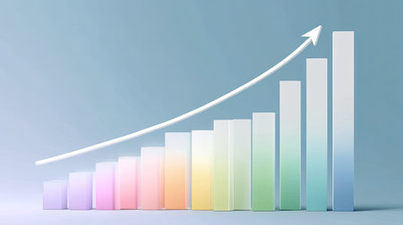 This modern abstract image features a growth chart with gradient bars and an upward arrow, symbolizing progress and success in business.の素材
