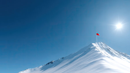 A stunning view of a snow-covered mountain peak under a clear blue sky, featuring a flag atop the summit, surrounded by sunlight and serene beauty.の素材