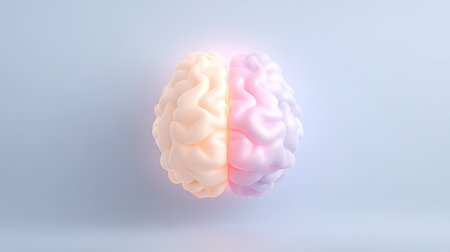 This abstract digital art piece features a human brain divided into two distinct colors, symbolizing the contrast between creativity and logic, showcasing the balance between artistic and analytical thinking.の素材