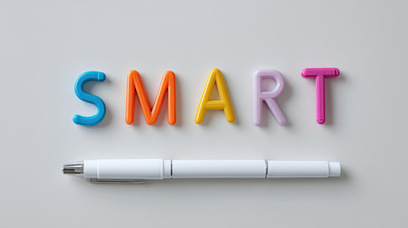 This image showcases vibrant, colorful magnetic letters spelling the word "SMART" next to a sleek white pen, creating an inspiring educational theme.の素材