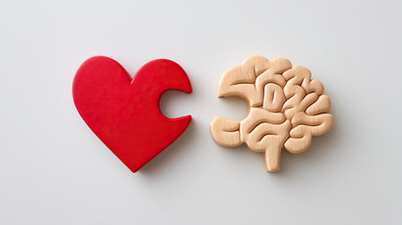 A creative representation of the connection between heart and brain using stylish puzzle pieces, illustrating the relationship between emotions and intelligence.の素材