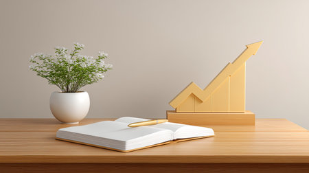 A minimalist workspace featuring an open notebook, a flower pot with greenery, and a rising graph sculpture illustrating growth and achievement.の素材