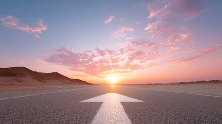 A serene road marked by an arrow leads towards a breathtaking sunset, creating a sense of adventure and tranquility in a vast desert landscape.の素材