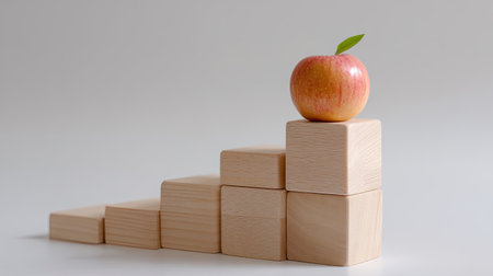 A vibrant red apple sits atop a stack of wooden blocks, representing growth and achievement in a minimalistic design. Perfect for concepts of education and success.の素材