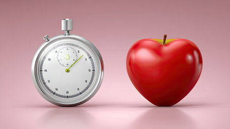 A striking visual of a fresh red apple beside a silver stopwatch on a soft pink background, symbolizing the relationship between time and healthy eating.の素材