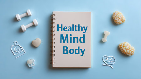 This visually appealing image showcases a notebook with the phrase "Healthy Mind Body" surrounded by fitness elements, promoting wellness and motivation for a balanced lifestyle.の素材