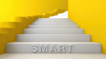 This image features a striking set of bright yellow walls and modern white stairs with the word "SMART" prominently displayed, creating a vibrant atmosphere that inspires creativity and innovation.の素材