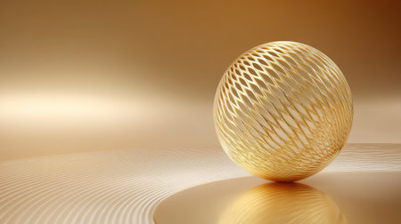 A striking golden sphere features an intricate net pattern, set against a soft gradient background. This artwork is perfect for modern design projects, adding elegance and style.の素材