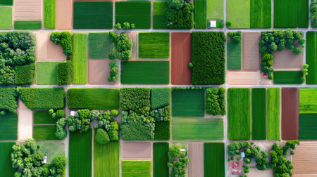 This aerial image captures a stunning patchwork of agricultural fields showcasing a variety of vibrant greens and earthy tones, highlighting rural farming practices.の素材