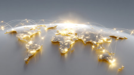 A stunning visual of a world map illuminated with bright lights, showcasing global connectivity and the flow of information across digital networks.の素材
