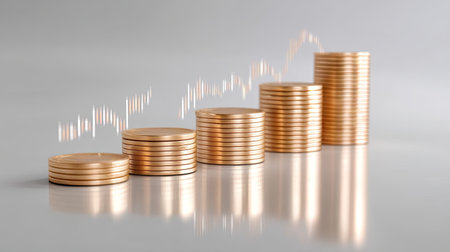 A visual representation of financial growth, featuring stacks of gold coins reflecting on a smooth surface, accompanied by a rising graph showcasing investment trends.の素材