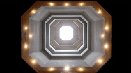 Unique view of an octagonal ceiling featuring soft lighting and a natural light source, showcasing elegant architectural design and modern aesthetics.の素材