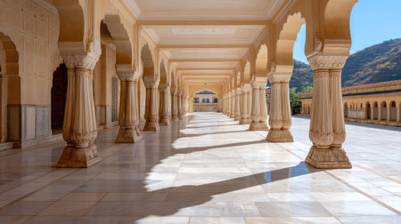 Experience the beauty of traditional Indian architecture with this stunning corridor featuring intricately carved pillars and serene shadows cast on marble floors.の素材