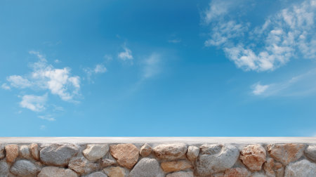 This serene landscape showcases a rustic stone wall beneath a vibrant blue sky dotted with fluffy white clouds, creating a perfect setting for relaxation and tranquility.の素材