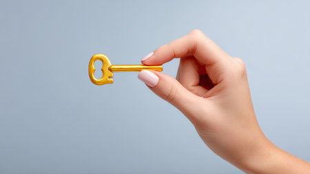 A close-up image showing a hand gracefully holding a shiny golden key against a soft blue background. The image symbolizes access and opportunity, perfect for various creative projects.の素材