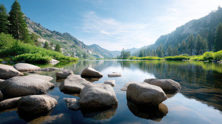This breathtaking image captures a tranquil lake nestled among majestic mountains and vibrant greenery, ideal for nature lovers and travelers.の素材