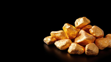 A stunning display of gold nuggets resting on a sleek dark surface, showcasing their vibrant color and unique textures, perfect for conveying wealth and luxury.の素材