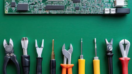A vibrant green surface showcases a variety of hand tools aligned alongside a circuit board, ideal for electronics repair and maintenance projects.の素材
