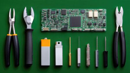 A flat lay of various tools and an intricate circuit board on a vibrant green background, ideal for showcasing electronics repair and maintenance tasks.の素材