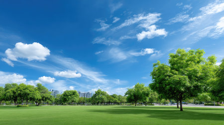 A stunning view of a lush green park featuring vibrant trees, under a bright blue sky with fluffy clouds, creating a serene outdoor atmosphere.の素材