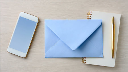This image features a minimalistic flat lay of a blue envelope, a smartphone, notepad, and a gold pen on a wooden desk. Ideal for communication-related projects.の素材