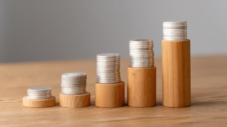 A minimalist representation of financial growth through stacked coins on wooden pedestals, emphasizing investment, savings, and economic progress in a clean aesthetic.の素材