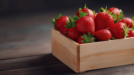 Experience the essence of fresh organic strawberries beautifully displayed in a rustic wooden box on a dark wooden surface, perfect for culinary inspiration.の素材