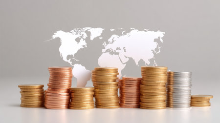 An artistic display of stacked coins in various shades with a silhouette of a world map in the background, symbolizing global finance and economic growth.の素材