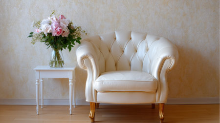 This image showcases a stylish vintage armchair paired elegantly with a fresh floral arrangement, creating a serene and inviting atmosphere perfect for any living space.の素材