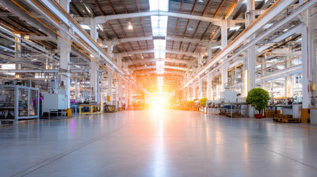 A large industrial manufacturing facility with bright sunlight illuminating the spacious interior. The scene captures an inviting atmosphere, showcasing modern architecture and machinery.の素材