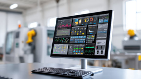 Modern computer monitor displaying detailed data visualization and control interface in an industrial workspace, showcasing high-tech machinery and innovation.の素材