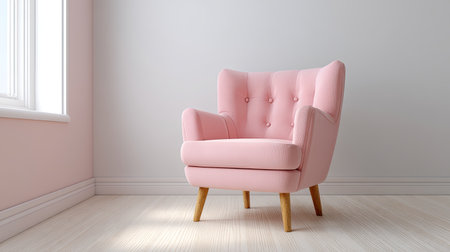 This elegant pink chair enhances a minimalist room, offering a cozy and inviting atmosphere. Perfect for home decor inspiration with soft lighting.の素材