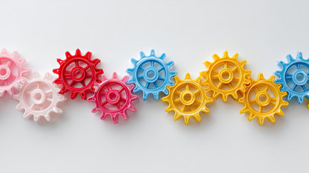 This image features a vibrant arrangement of colorful plastic gears in red, blue, yellow, and pink on a clean light background. Ideal for education and creative projects.の素材