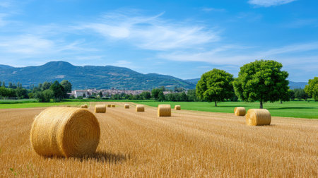A picturesque view of golden hay bales scattered across a field under a bright blue sky, framed by rolling hills and lush green trees, evoking peace.の素材