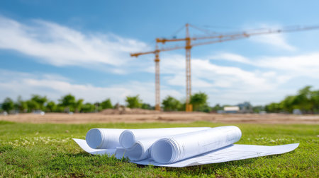 Architectural blueprints rest on green grass, showcasing planning for future construction, with a vibrant crane working in the background under clear skies.の素材